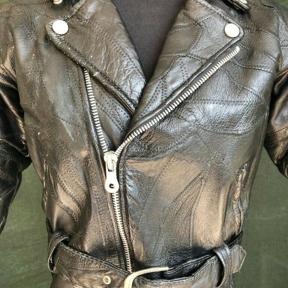 Vintage Diamond Plate Black Leather Crop Jacket Patchwork 3/4 Sleeve Size XS - Picture 4 of 6